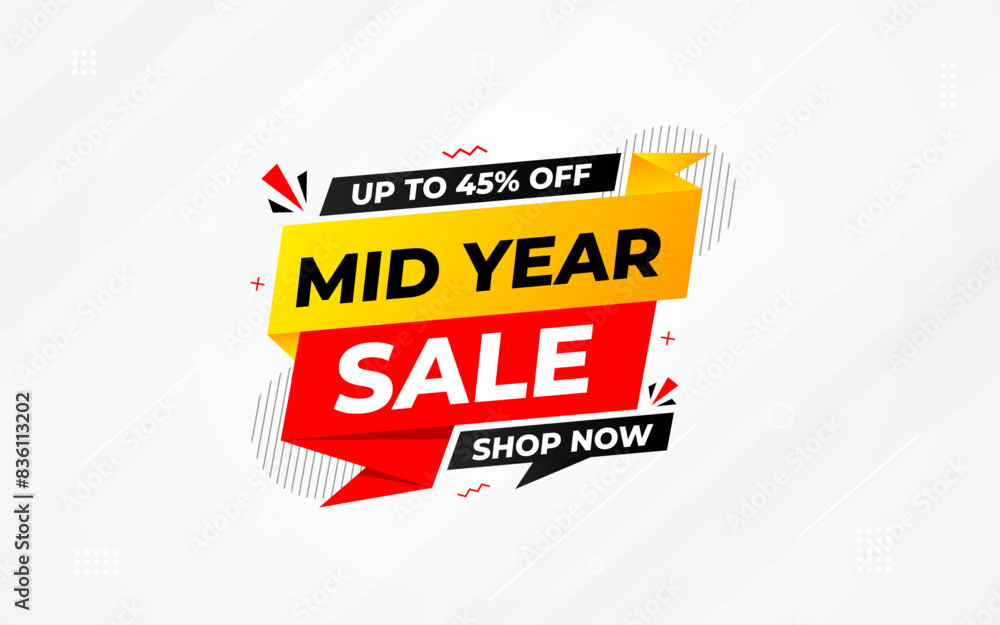 Obraz premium Mid Year Sale banner vector template. New Year Discount vector graphic element. Super shop label Promo design. Product opening festival background collection.