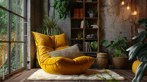 Curved, fiberglass Womb chair in a vibrant, mustard yellow hue nestled in a cozy reading nook. 