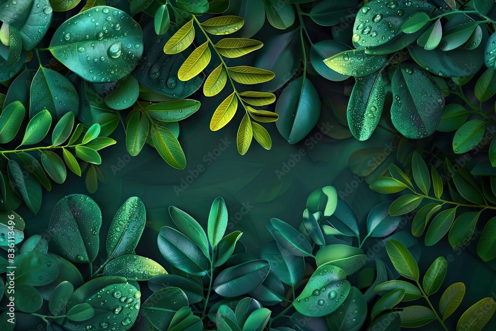 Fototapeta premium Lush green foliage with water droplets forming a natural frame. Perfect nature background for designs or presentations.