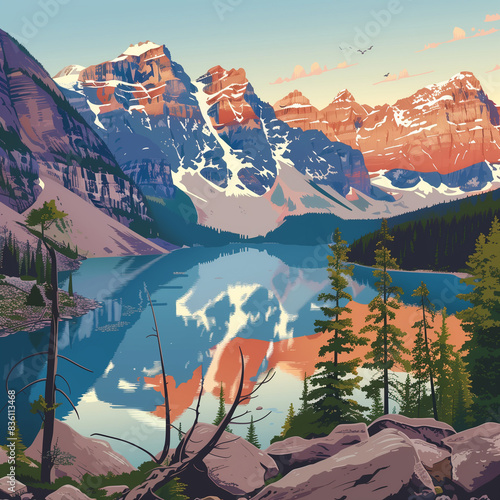 vector illustration, moraine lake in summer, canada, during sunrise. Must-see touristic spot in nature in Banff National Park, Alberta, Canada. Wonderful nature scenery during early morning. Wonderful