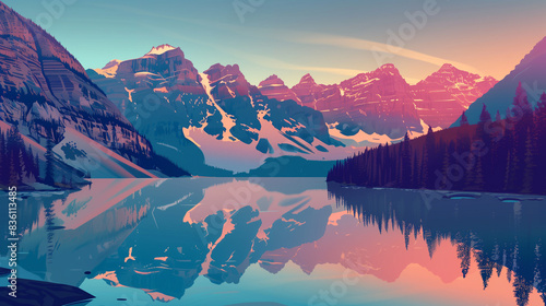 vector illustration, moraine lake in summer, canada, during sunrise. Must-see touristic spot in nature in Banff National Park, Alberta, Canada. Wonderful nature scenery during early morning. Wonderful photo