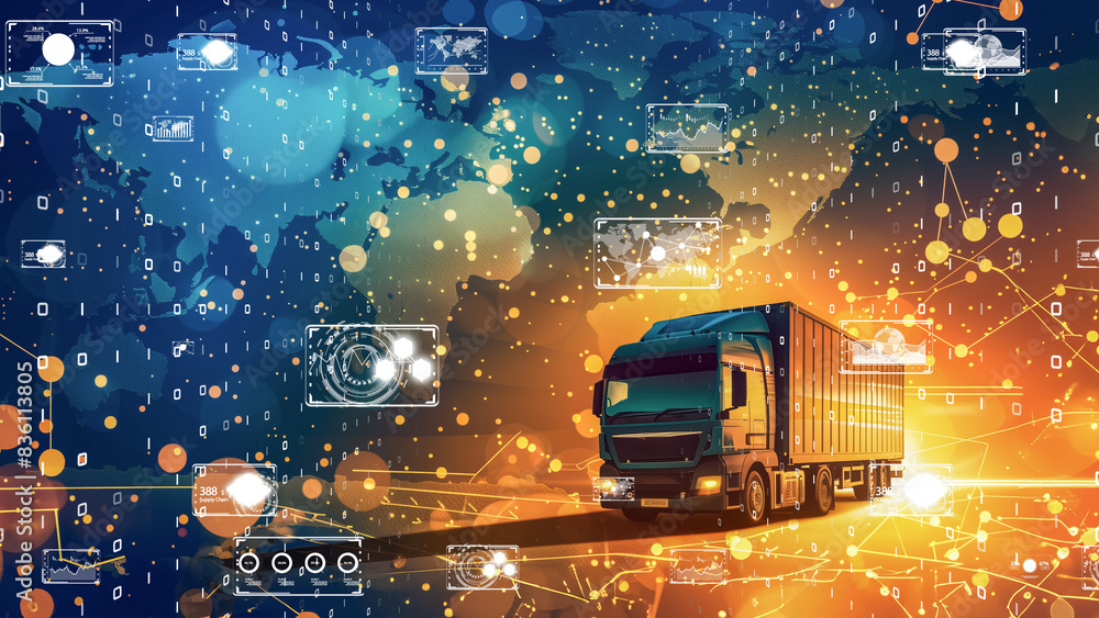 High-tech logistics truck on a digital map background, representing global supply chain and connectivity High-tech logistics truck on a digital map background, representing global supply chain and connectivity