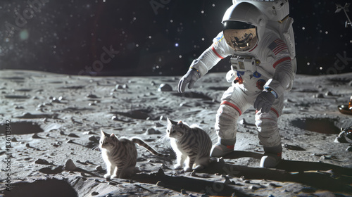 Cats on the Moon - Illustration of an Astronaut Hanging Out with Cats on the Surface of the Moon