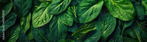 Close-up of lush green leaves with water droplets, showcasing natural beauty and freshness in a serene botanical setting.