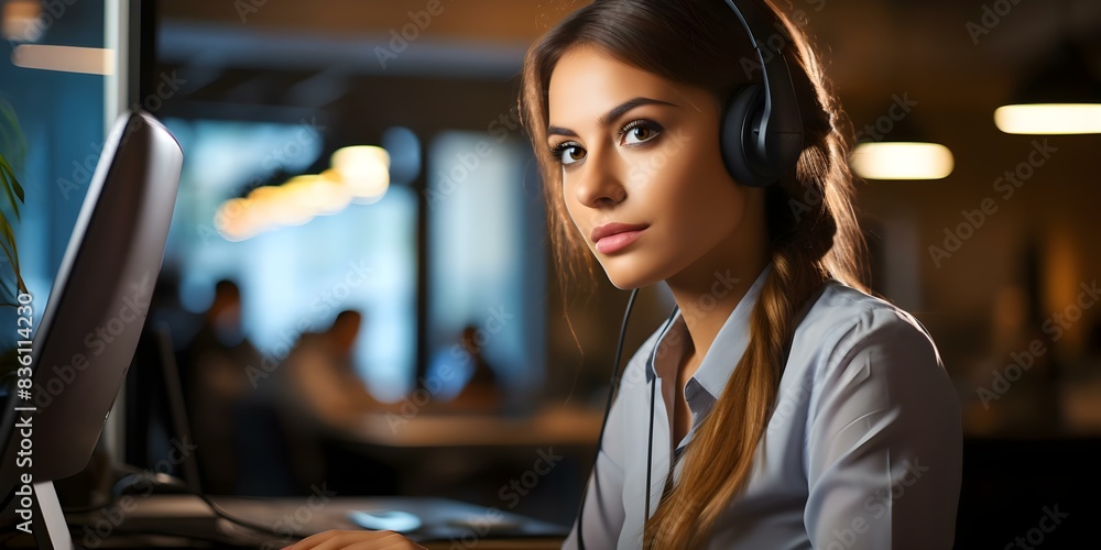 Happy woman in headset working at computer in call center. Concept Call Center, Headset, Working Woman, Computer, Customer Service Happy woman in headset working at computer in call center. Concept Call Center, Headset, Working Woman, Computer, Customer Service