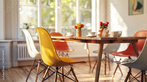 Iconic, molded plastic Eames Chairs in a vibrant, retro color palette surrounding a sleek, walnut dining table in a bright, airy dining room.  photo