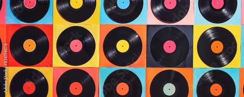Colorful vinyl records in rows on a vibrant background