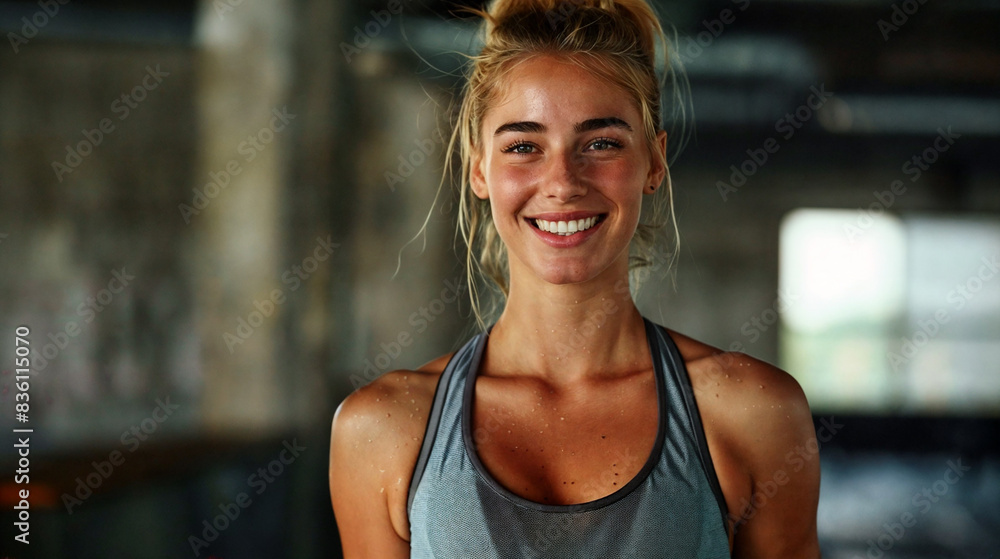A young woman in sports clothes stands in front of a fitness club. She has just finished a workout at the gym. A young woman in sports clothes stands in front of a fitness club. She has just finished a workout at the gym.