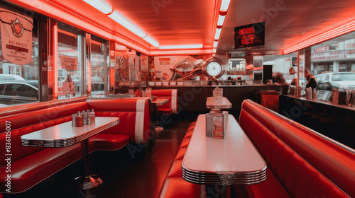 A nostalgic diner featuring neon signs, red leather booths photo