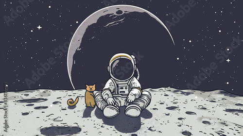 Cats on the Moon - Illustration of an Astronaut Hanging Out with a Cat on the Surface of the Moon