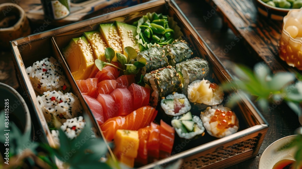 A detailed shot of a beautifully crafted bento box with sushi, fruits, and Japanese pickles A detailed shot of a beautifully crafted bento box with sushi, fruits, and Japanese pickles
