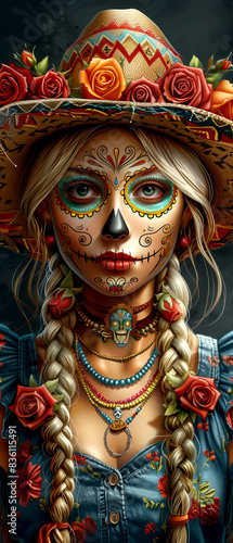 A woman with a skull painted on her face and a sombrero on her head. She is wearing a blue dress and has a lot of jewelry on