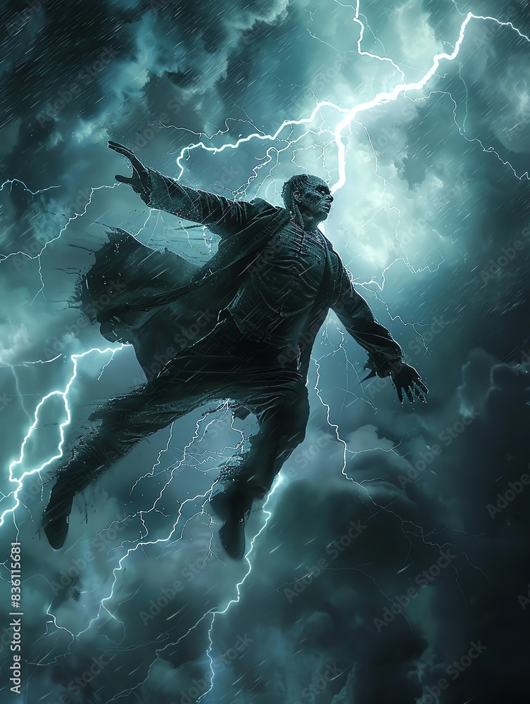 A surreal scene depicts Frankenstein leaping through a stormy night, lightning illuminating his powerful figure as he charges forward, high resolution DSLR