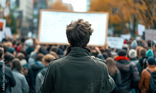 back of a man activist giving a speech for his cause among people demonstration protester as wide banner with copy space area - generative AI, Generative AI