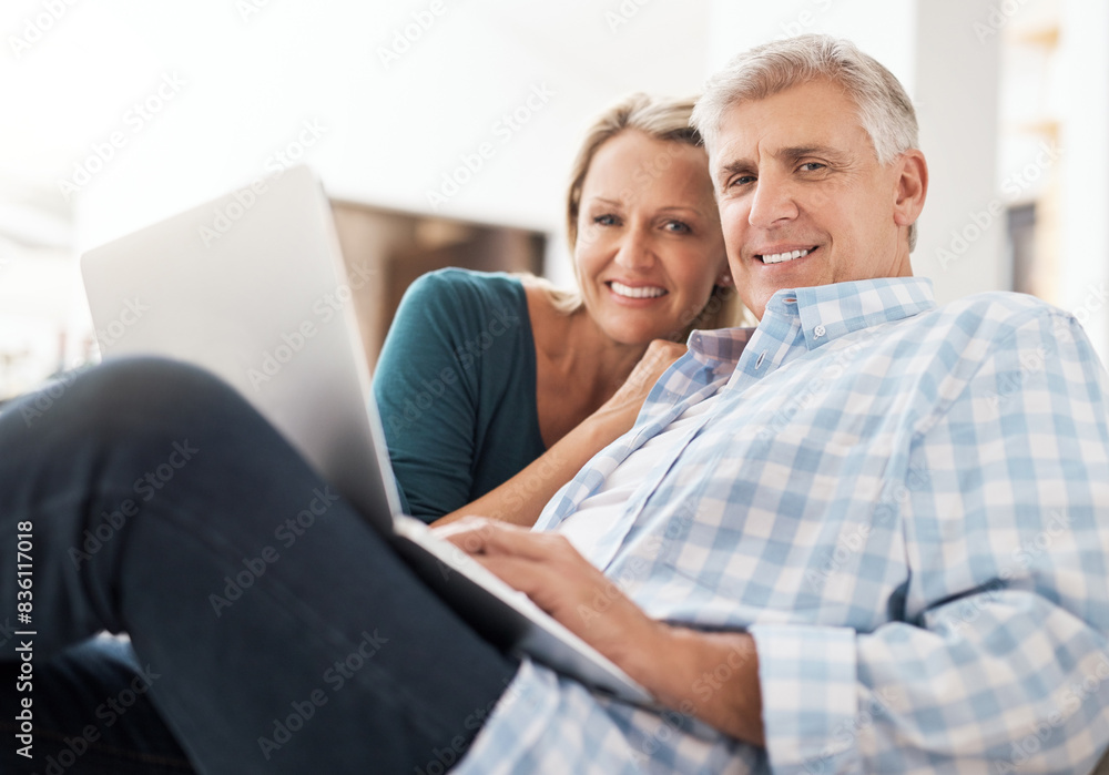 Couple, couch and laptop with portrait in home, streaming and relax in living room for movies. Internet, computer or love for website for video with married people, smile or lounge with technology pc Couple, couch and laptop with portrait in home, streaming and relax in living room for movies. Internet, computer or love for website for video with married people, smile or lounge with technology pc