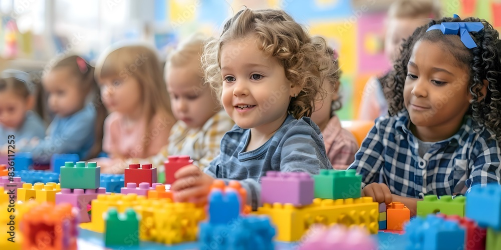 Diverse kindergarten class of children learning and playing with colorful blocks. Concept Kindergarten, Diverse, Children, Learning, Playing Diverse kindergarten class of children learning and playing with colorful blocks. Concept Kindergarten, Diverse, Children, Learning, Playing