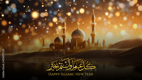 Happy Islamic New Year greeting design with arabic calligraphy, a beautiful and charming mosque, river and light as a background photo