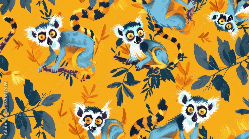 a pattern of cute cartoon lemurs, square-borne fairyfolk, hand-drawn anime fantasy, lively anime illustrations a pattern of cute cartoon lemurs, square-borne fairyfolk, hand-drawn anime fantasy, lively anime illustrations
