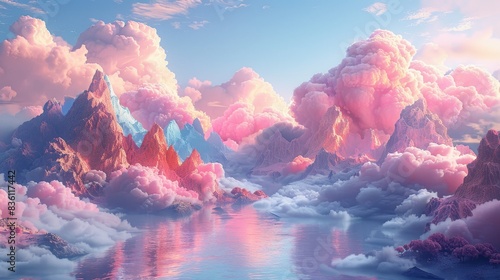 Serene pink cloudscape over majestic mountains reflecting in tranquil water, evoking a dreamlike, ethereal ambiance at sunset. photo