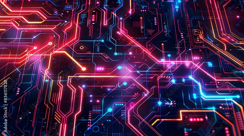 Futuristic neon circuit board design with glowing lines and vibrant colors. Futuristic neon circuit board design with glowing lines and vibrant colors.