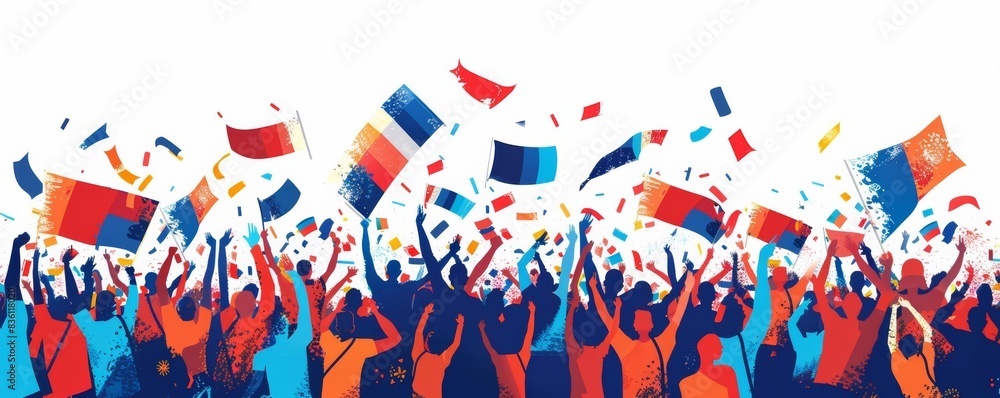 Obraz premium Fans holding up Paris 2024 banners and signs, excited crowd, isolated white background