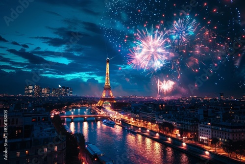 Celebratory fireworks over Paris for Paris 2024, vibrant colors, night sky, copy space
