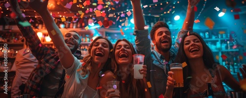 Group of friends celebrating a Paris 2024 event at a bar, festive atmosphere, copy space photo