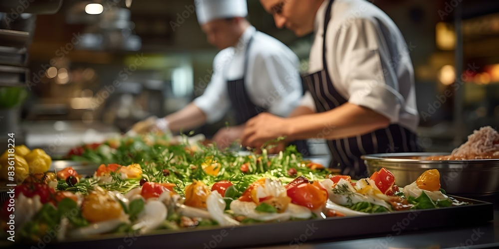 Chefs busy in restaurant kitchen with blurred background. Concept Restaurant Kitchen, Chefs Cooking, Busy Chebs, Culinary Skills, Blurred Background
