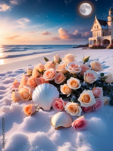 roses and candles by the sunset sea on the beach with castle on background