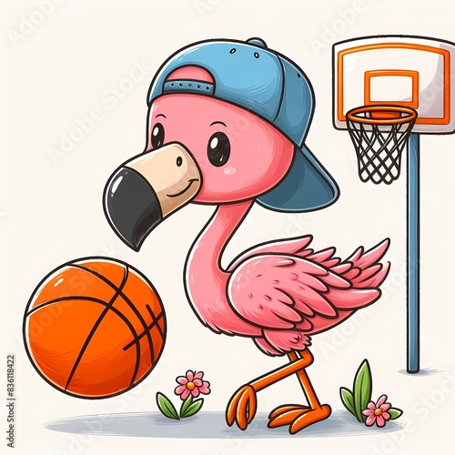 cute Flamingo playing basket ball cartoon vector icon illustration