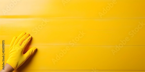 Yellowgloved hand cleaning wall with copy space for commercial cleaning company ad. Concept Cleaning Services, Commercial Advertising, Yellow Gloves, Wall Cleaning, Copy Space photo