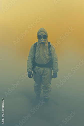 personne en combinaison et masque à gaz marchant dans un nuage de pollution toxique photo