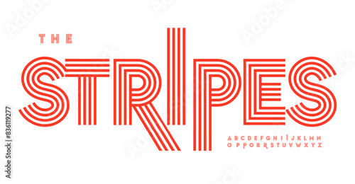 Striped retro alphabet, linear geometric pattern letters design, outline bauhaus font for modern headlines, creative designs, retro posters, branding, and stylish logos. Vector typeset.