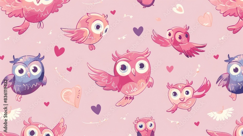 a pattern of cute cartoon owls, heart-winged flyers, enchanted character designs, fun anime artwork a pattern of cute cartoon owls, heart-winged flyers, enchanted character designs, fun anime artwork