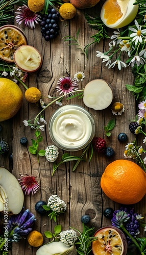 Close-up shot of natural creams and lotions surrounded by fresh fruits, herbs, and flowers on a rustic wooden background. Generative AI