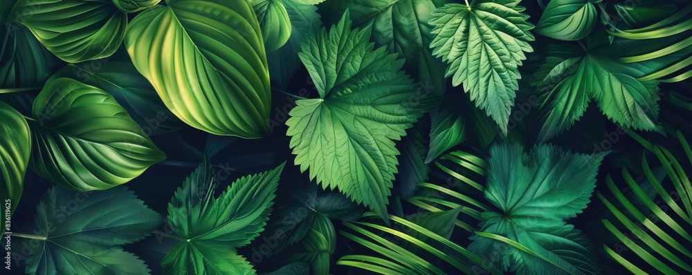Lush green tropical leaves creating a dense and vibrant natural foliage background. Perfect for eco-friendly and nature-themed designs. Lush green tropical leaves creating a dense and vibrant natural foliage background. Perfect for eco-friendly and nature-themed designs.