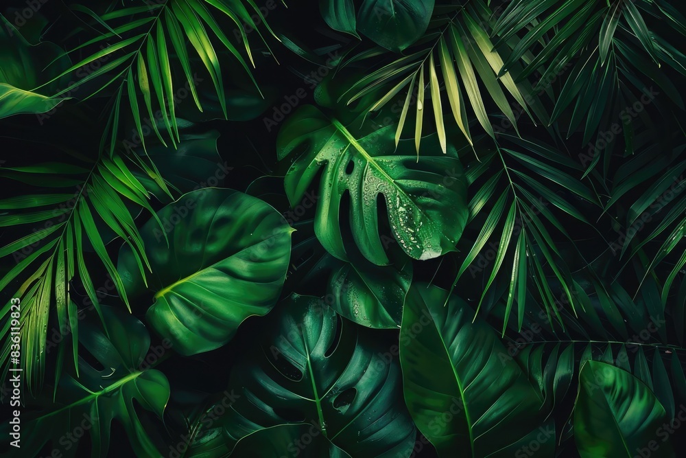 Lush tropical green leaves creating a dense jungle foliage background. Perfect for nature, botanical, or tropical themed designs and projects. Lush tropical green leaves creating a dense jungle foliage background. Perfect for nature, botanical, or tropical themed designs and projects.
