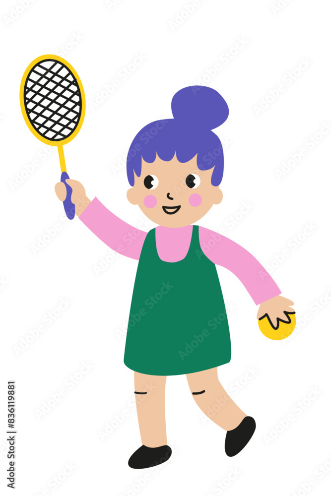 Girl holding a tennis racket and ball illustration. Child cartoon vector graphic. Simple flat vector design for print. Girl holding a tennis racket and ball illustration. Child cartoon vector graphic. Simple flat vector design for print.