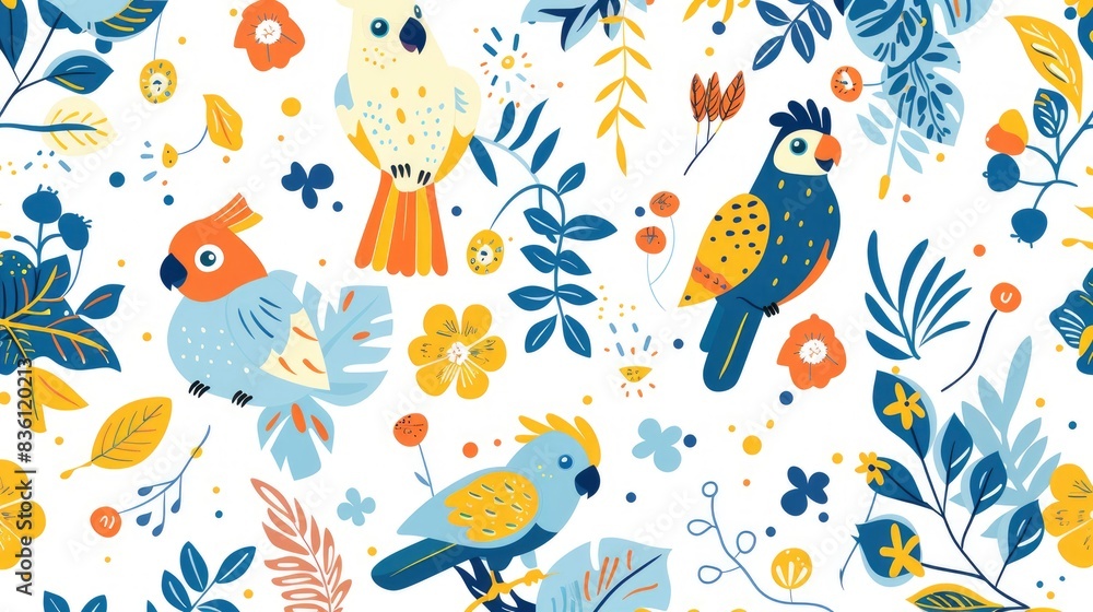 a pattern of cute cartoon parrots, box-carrying pixies, whimsical anime creatures, bright anime scenes a pattern of cute cartoon parrots, box-carrying pixies, whimsical anime creatures, bright anime scenes