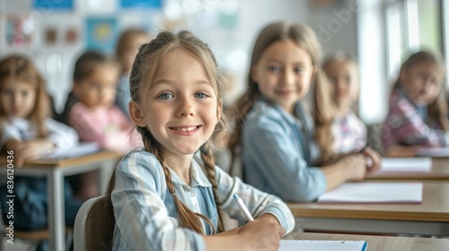 primary elementary school group of children studying in the classroom. learning and sitting at the desk. young cute kids smiling, high quality photo
