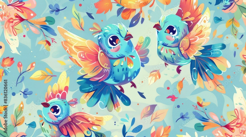 a pattern of cute cartoon peacocks, love-winged sprites, enchanted anime designs, joyful anime art a pattern of cute cartoon peacocks, love-winged sprites, enchanted anime designs, joyful anime art