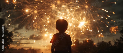 Silhouette of a child gazing at a dazzling fireworks display. photo