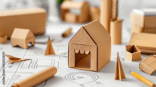 A close-up shot of a cardboard house model, with various other smaller cardboard creations scattered around it. The table is covered in a white sheet of paper with pencil drawings.