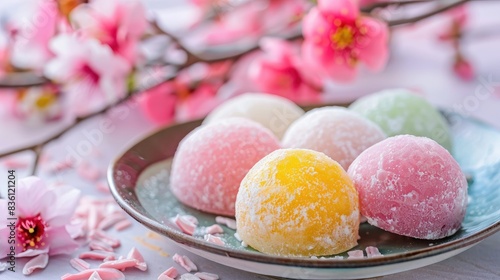 A set of colorful mochi desserts on a pastel-colored plate with cherry blossoms in the background photo