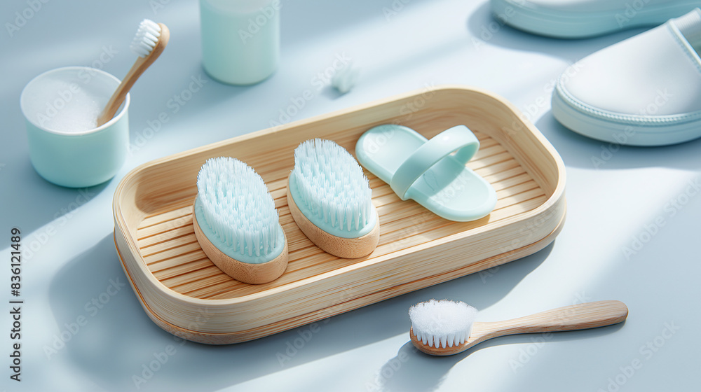 Two soft blue brushes sit inside a wooden bamboo tray with other bathroom essentials on a light blue background Two soft blue brushes sit inside a wooden bamboo tray with other bathroom essentials on a light blue background