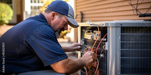 HVAC technician servicing a heat pump. Concept Heat pump maintenance, HVAC repair, Air conditioning service, Heating systems, Home maintenance