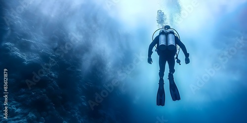 Deep sea diver exploring ocean depths. Concept Underwater Exploration, Ocean Wildlife, Scuba Diving, Deep Sea Adventure, Underwater Photography photo