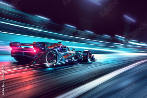 High-speed racing car zooming on track at night with illuminated tires and dynamic motion blur © Boraryn