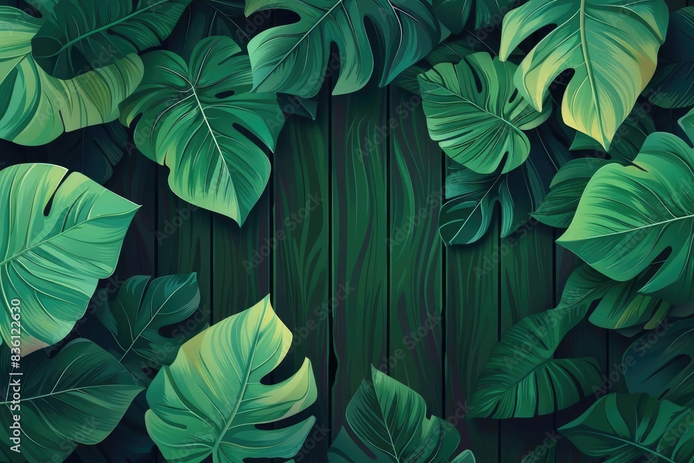 Fototapeta premium A lush arrangement of tropical green leaves against a dark wooden background, creating a vibrant and natural aesthetic scene.