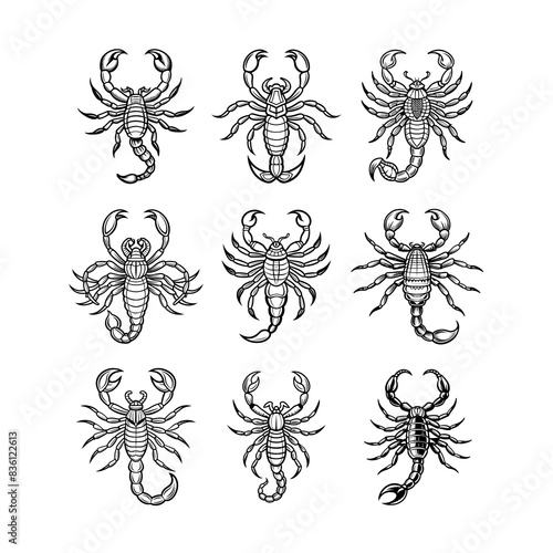 set of silhouettes of scorpion